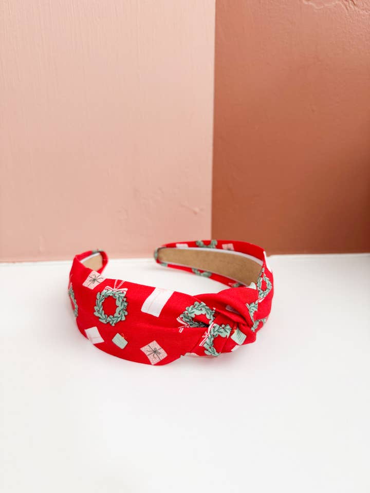 Wreath & Present Christmas Top Knot Headband for wholesale by Little Sunshines Bow & Co