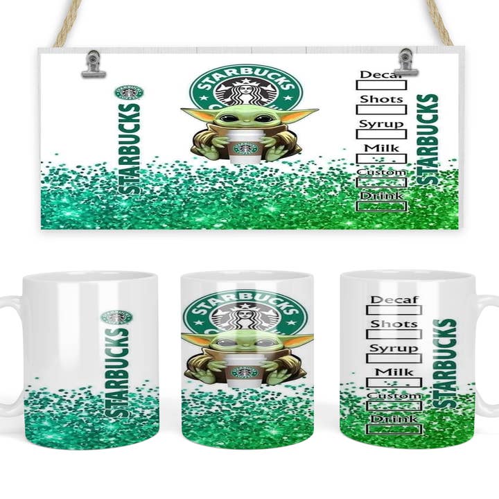 Joli gobelet Koozie vert Starbucks Glitter Grogu pour bébé pour la vente par BreakOut Outfitters