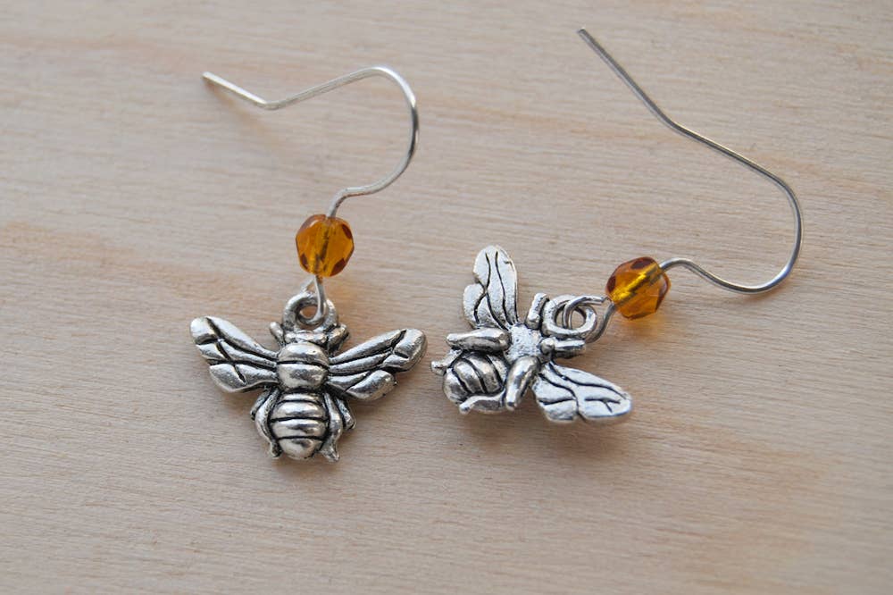 Enchanted Leaves - Wholesale Dangle Earrings - Tiny Silver Bee Earrings | Cute Honey Bumblebee Dangles1