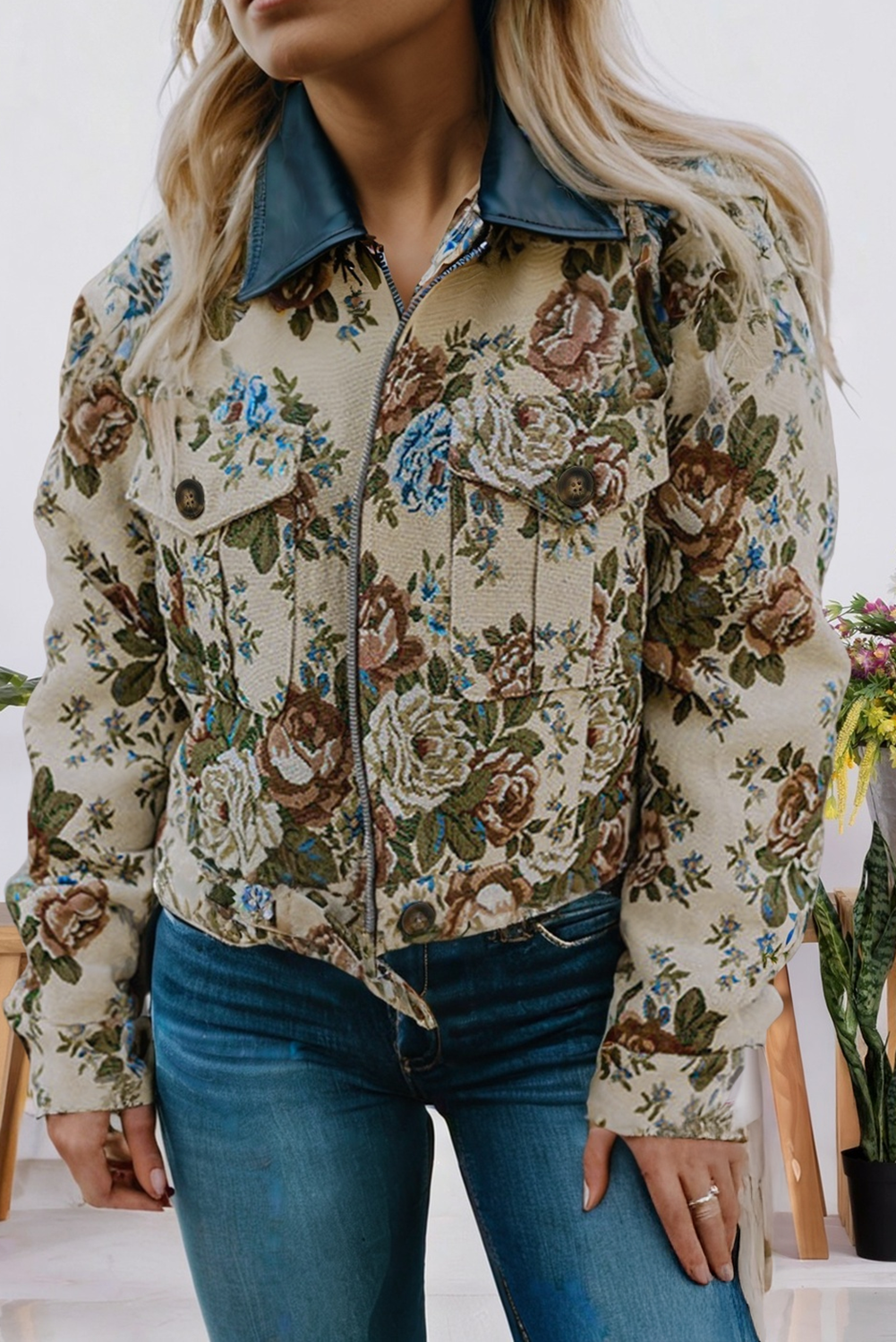 Western Khaki Floral Print Zip Up Contrast Collared Jacket for wholesale on Faire0