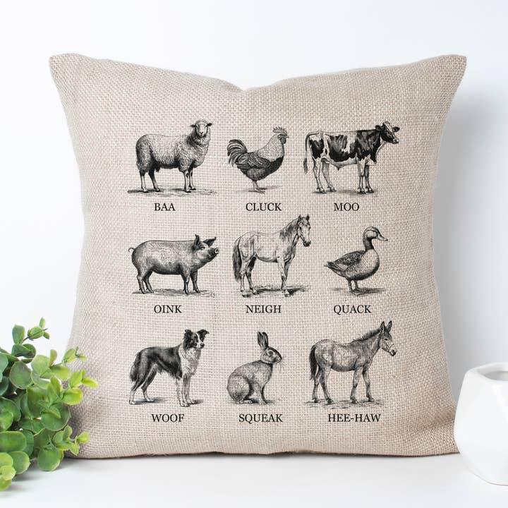 Farm Animals Pillow, Square Throw Pillow, White or Brown for wholesale by Canary Road
