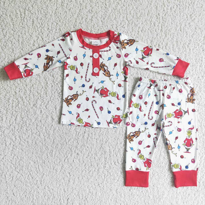 Aier Wholesale - Wholesale Sleepwear Set - Kids - Christmas baby boys green cartoon ruffle holiday pajamas