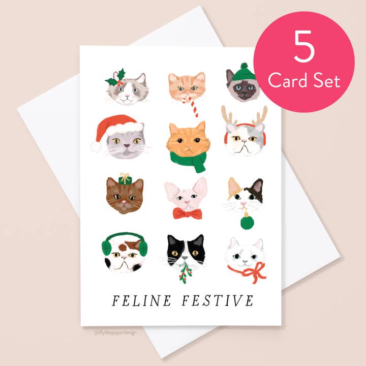 Ensemble de 5 cartes de Noël festives félines pour la vente par Fly Like Paper Design