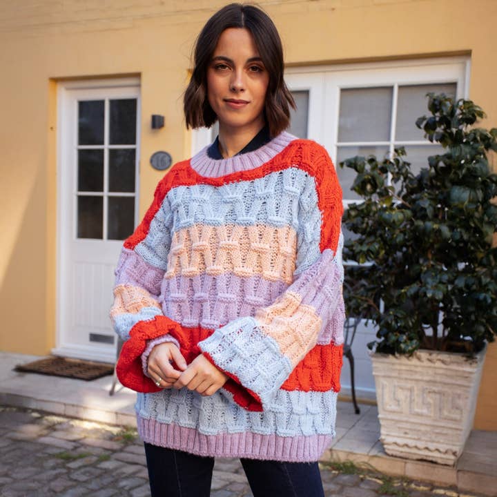 Cara & The Sky – wholesale Knitted jumper – Women′s – Mandy Criss-Cross Stitch Balloon Sleeve Stripe Jumper - Orange18