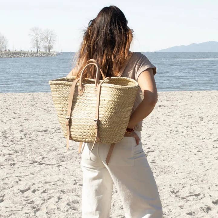 HandmadeBestSeller - Wholesale Beach Bag - STRAW BAG Handmade leather, French Market Basket Backpack