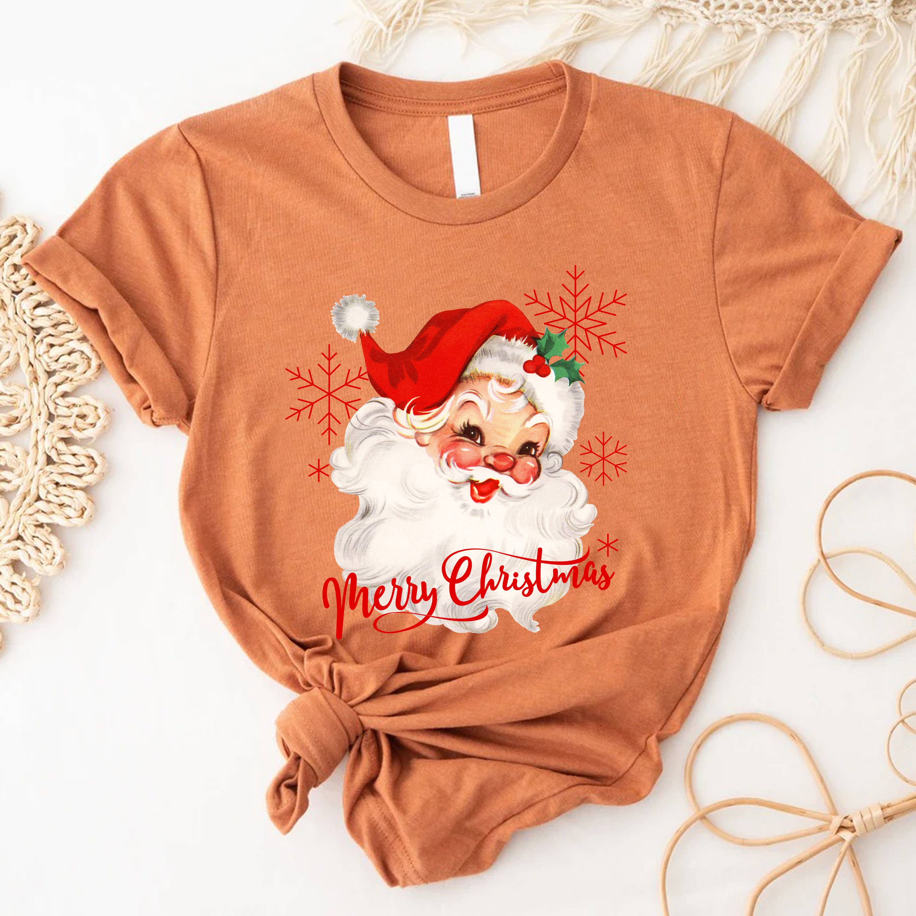 STARCHIS - Vente T-shirt sérigraphié – femme - Joyeux Noël, père Noël vintage, rouge6