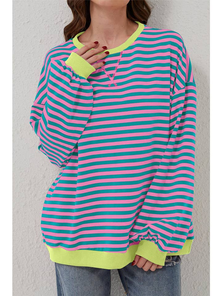 Amaryllis Apparel - Wholesale Sweatshirt - Women's - Stripe Oversized Contrast Trim Pullover Sweatshirt41