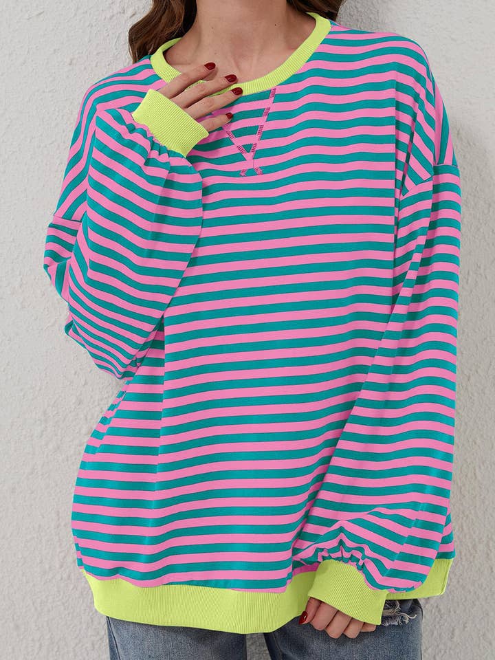 Green Stripe Oversized Colorblock Striped Pullover Sweatshirt for Women for wholesale on Faire9