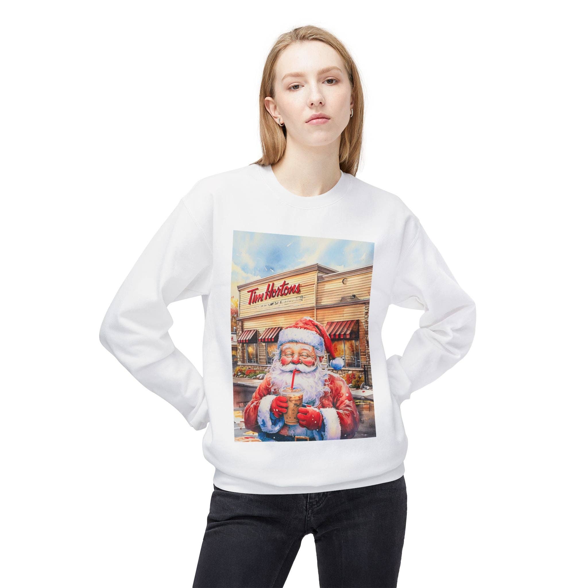 Buffalovely - Wholesale Graphic Sweatshirt - Women's - Santa with an Iced Coffee at Tim Horton's Cozy Unisex Christmas Crewneck Sweatshirt16