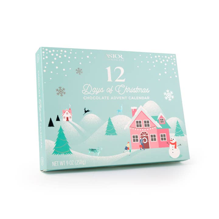 Christmas Advent Calendar filled with 12 Belgian Chocolates for wholesale by Astor Chocolate Corp.