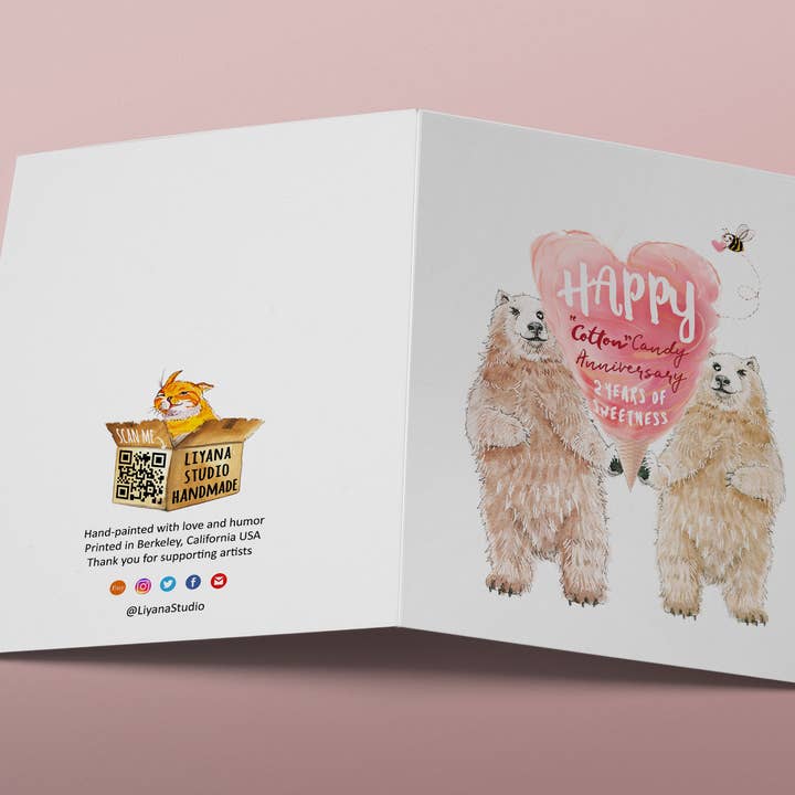 Liyana Studio - Wholesale Anniversary Card - Polar Bear Couple 2nd Cotton Candy Anniversary Card