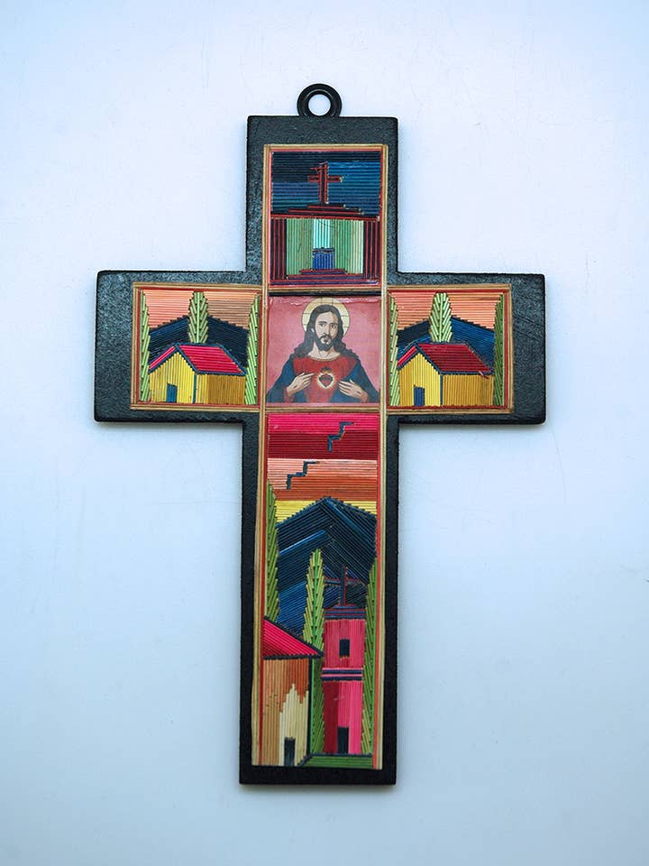 MXAP-C-SH - Croix en bois fabriquée à la main avec Sacré-Cœur pour la vente par Contreras Designs