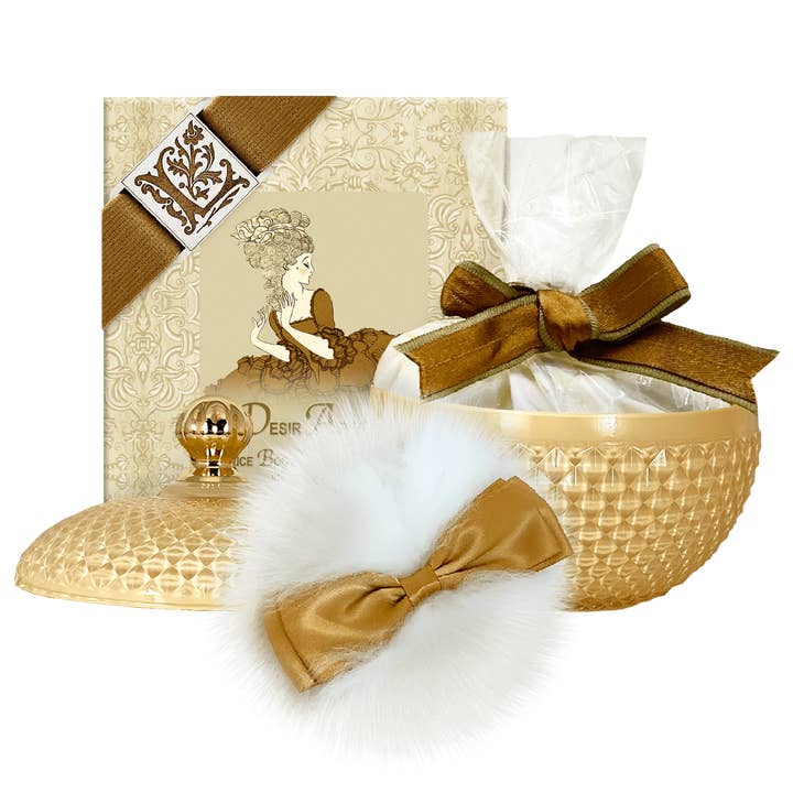 Desir Absolu Wool Puff, Rice Body Powder 6oz & Glass vessel for wholesale by La Bouquetiere French Collections