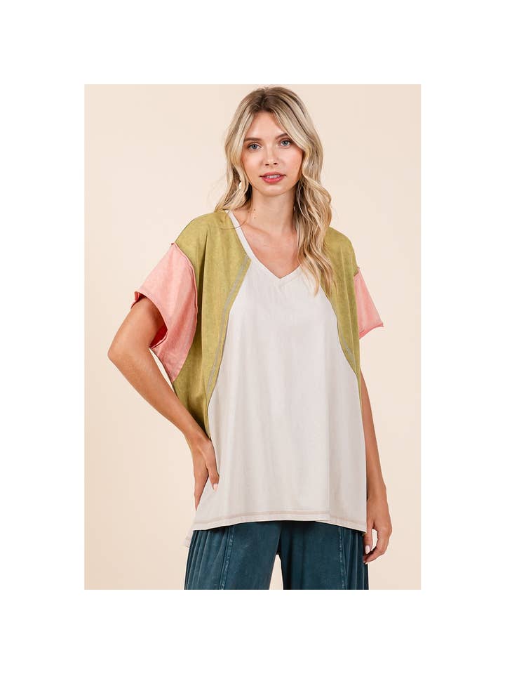 mittoshop – Túnica - Mulher por atacado – TOP DE MALHA DE MANGA CURTA EM BLOCO COLORIDO DE GRANDES DIMENSÕES2