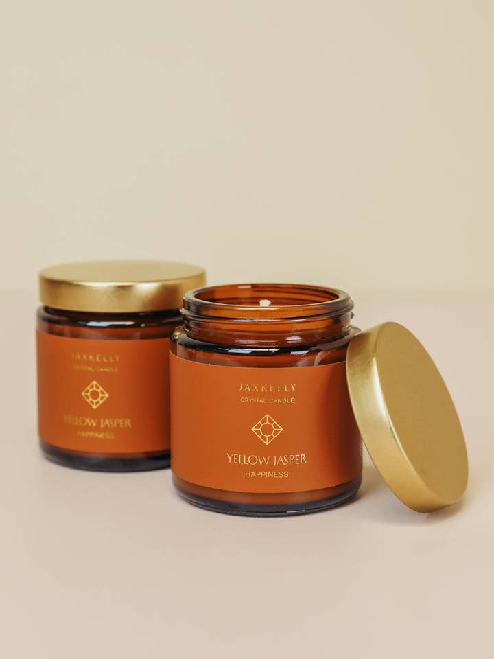 4oz Amber Crystal Candles - Yellow Jasper - Happiness for wholesale by JaxKelly Candles