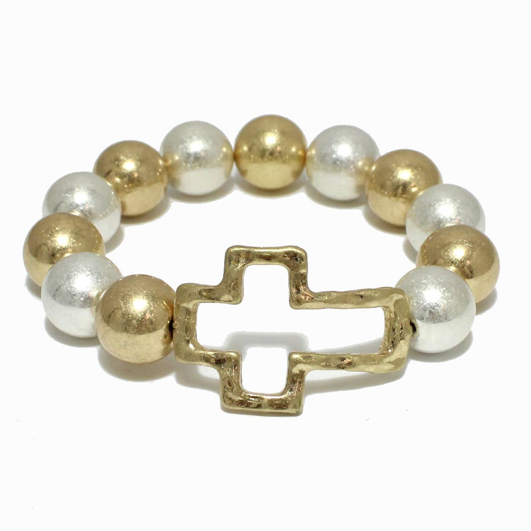 SOPHIA WHOLESALE - Wholesale Beaded Bracelet - Cutout Cross with Chunky Ball Stretch Bracelet1