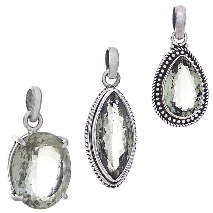 Große Prasiolith-Anhänger in verschiedenen Formen (24 bis 36 mm H) für den Großhandel von Kheops BLJ Jewelry