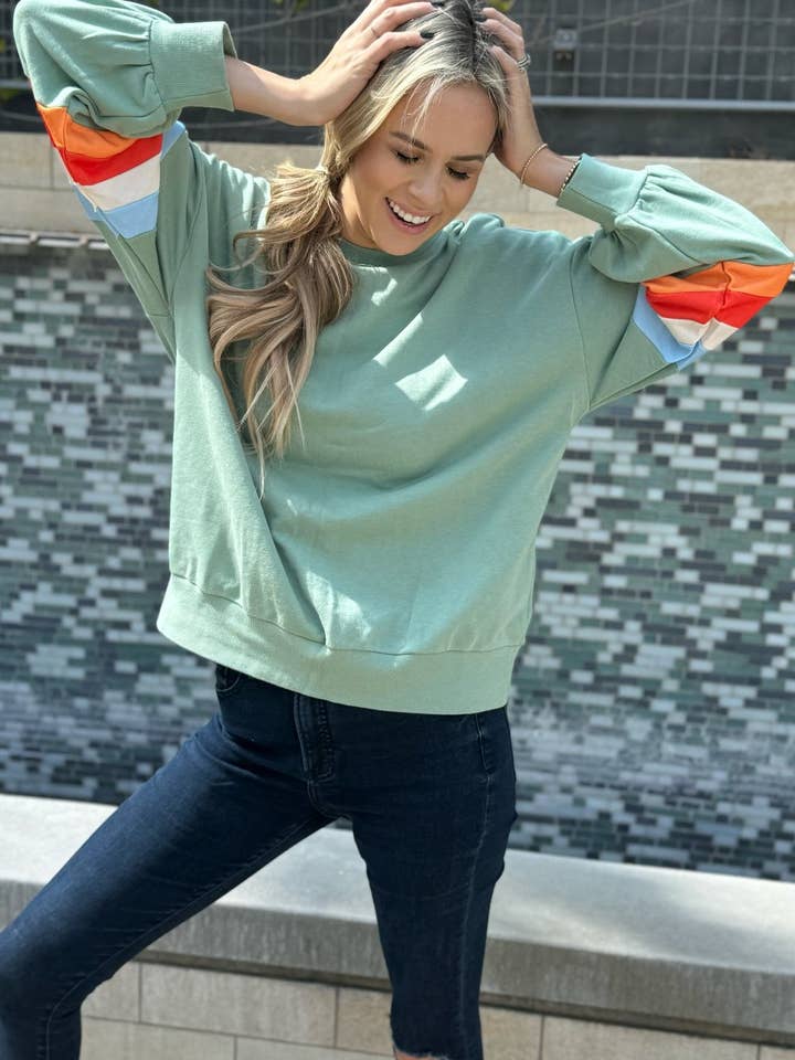 Jade Ella Striped Sleeve Loose Sweatshirt for wholesale on Faire