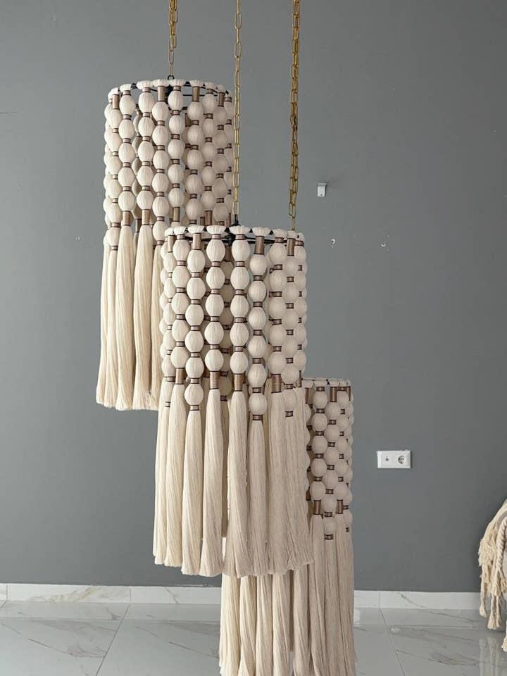 Boho Staircase Chandelier, Triple Pendant Light, Wood Bead Macrame Light, Modern Fixture Lamp for wholesale by Joy's Arts