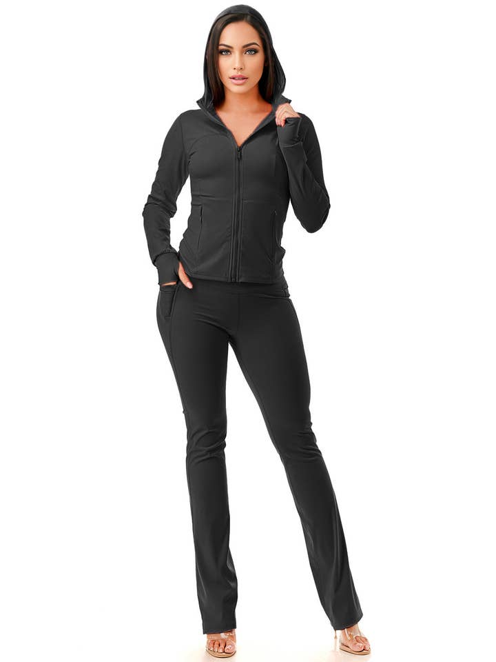 Color 5 - Wholesale Activewear set – Women′s - Premium active wear hoodie jacket w/flare pants work out set3