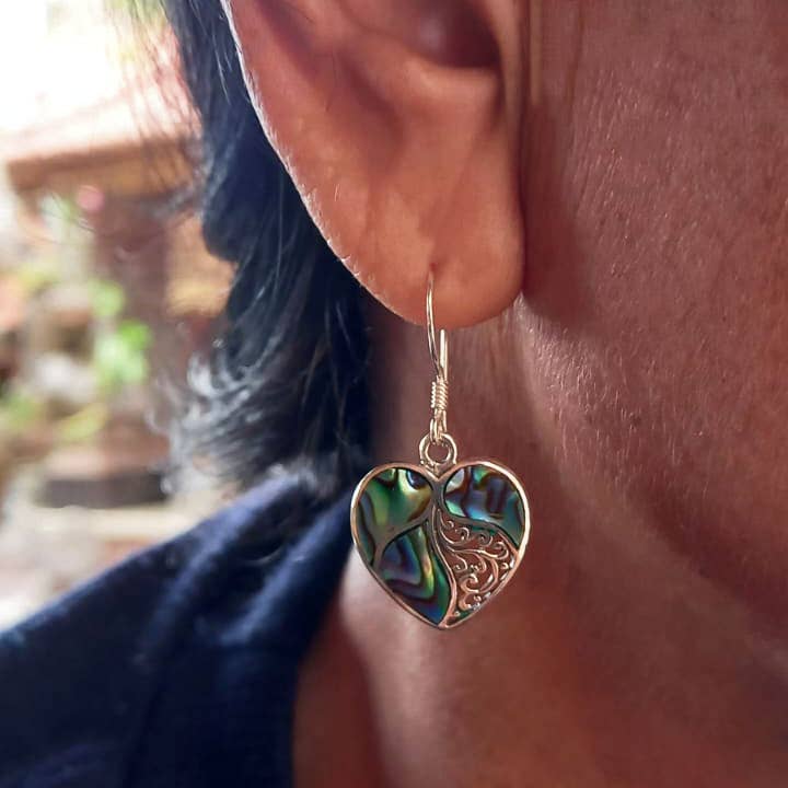 Women's Peace Collection - Wholesale Dangle Earrings - Abalone Heart Earrings - Sterling Silver, Indonesia1