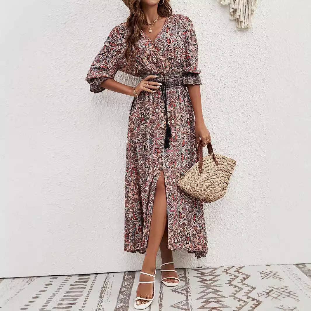 Masyal - Vente Robe – femme - Robe boutonnée à manches trois-quarts style bohème5