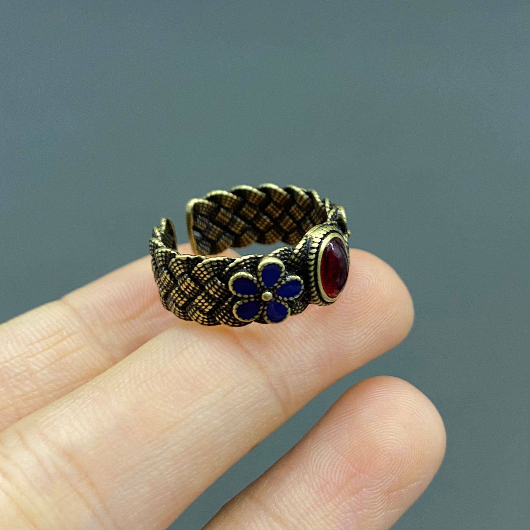 Mio Queena - Wholesale Cocktail/Statement Ring - Vintage Red Agate Enamel Flower Bronze Adjustable Ring2