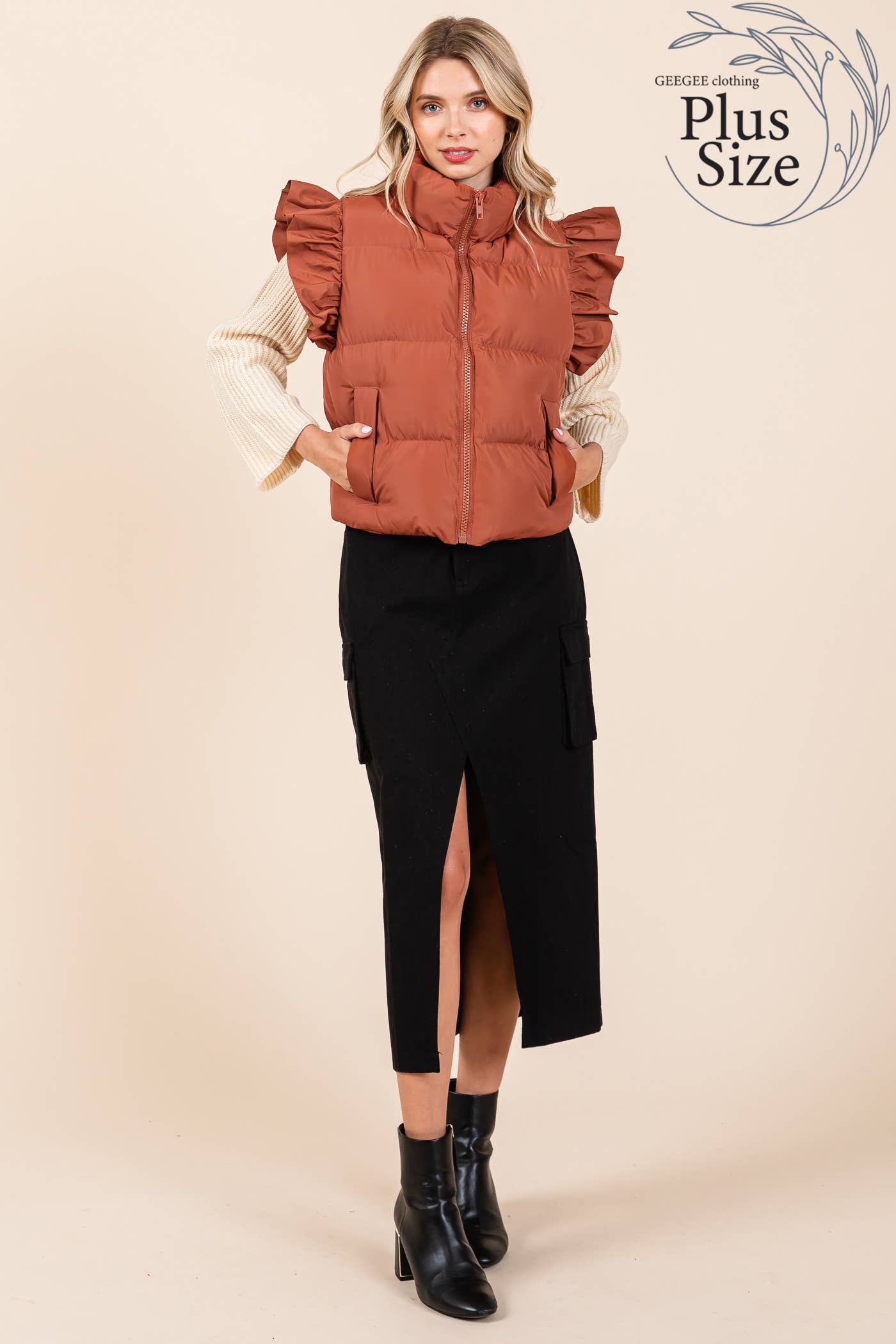 GeeGee x Lovelo - Wholesale Outerwear Vest - Women's - Plus Ruffled Sleeve Puffer Vest, MJ4501PL3