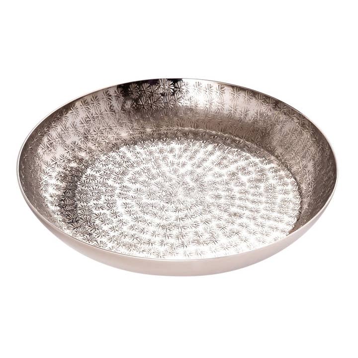 Bandeja decorativa redonda de aluminio martillado ø 28 cm en plata o dorado para venta al por mayor de Voglrieder