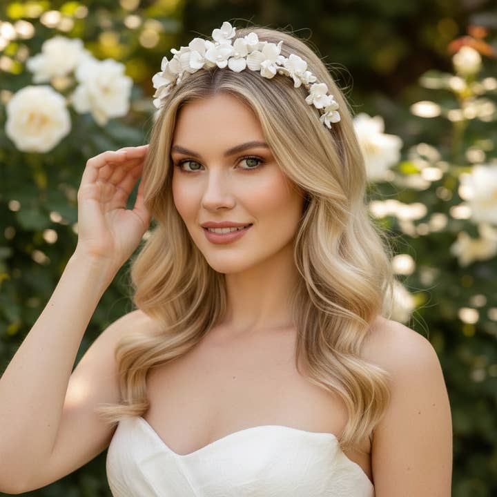 ATHENA COLLECTION - FLORAL ENCHANTMENT HEADBAND-AHB196 SILV for wholesale by Athena Bridal Jewellery