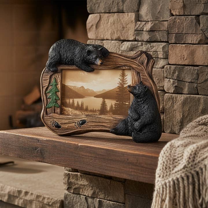 Black Bear on Forest Tree Wood Stump 6” x 4” Picture Frame for wholesale by De Leon Collections