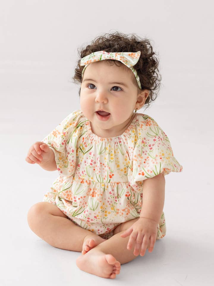 Springtime Garden Short Puff Sleeve Romper for wholesale by mabel + honey