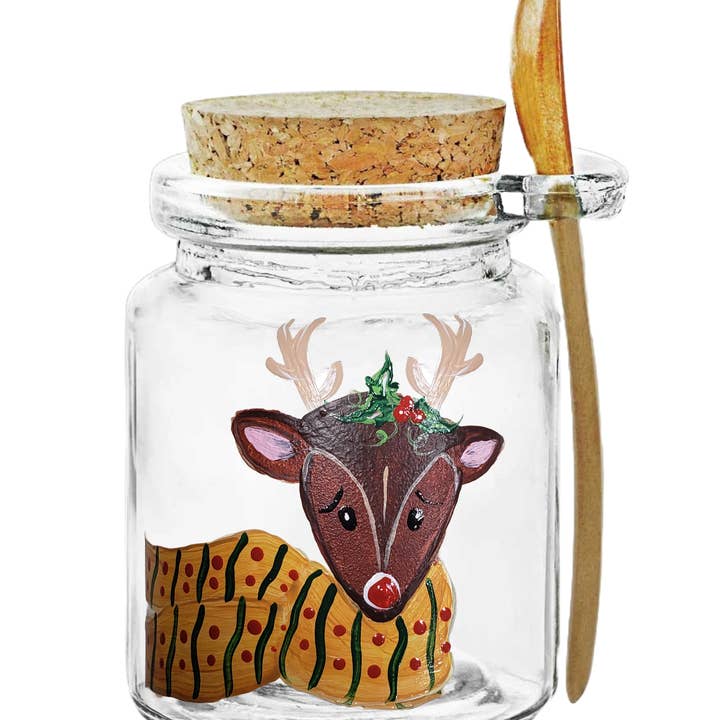 Rudolph Deer Holiday Christmas Hand Painted Honey Candy Jar for wholesale by Classy Art Designs, LLC