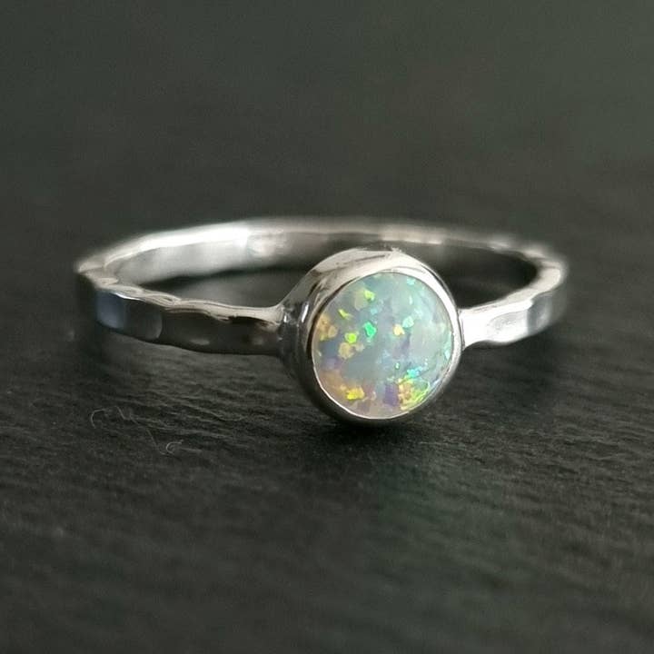 Dainty 6mm Round White Opal Ring | Hammered Sterling Silver for wholesale by Mistry Gems