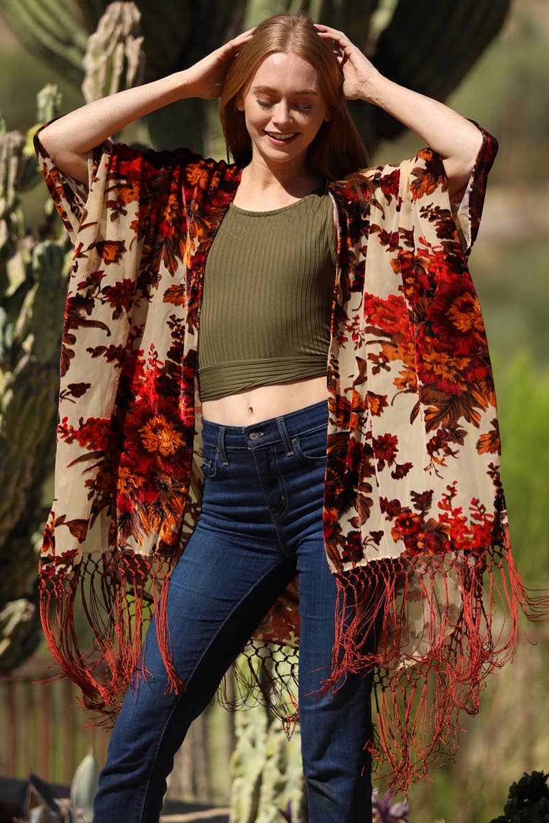 ANGIE - Vente Kimono – femme - Kimono à ourlet à franges en velours burnout1