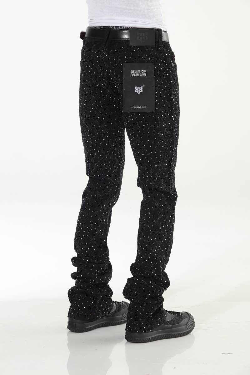 Stylo - Wholesale Jeans - Men's - Black Rhinestone Covered Stacked Flare8