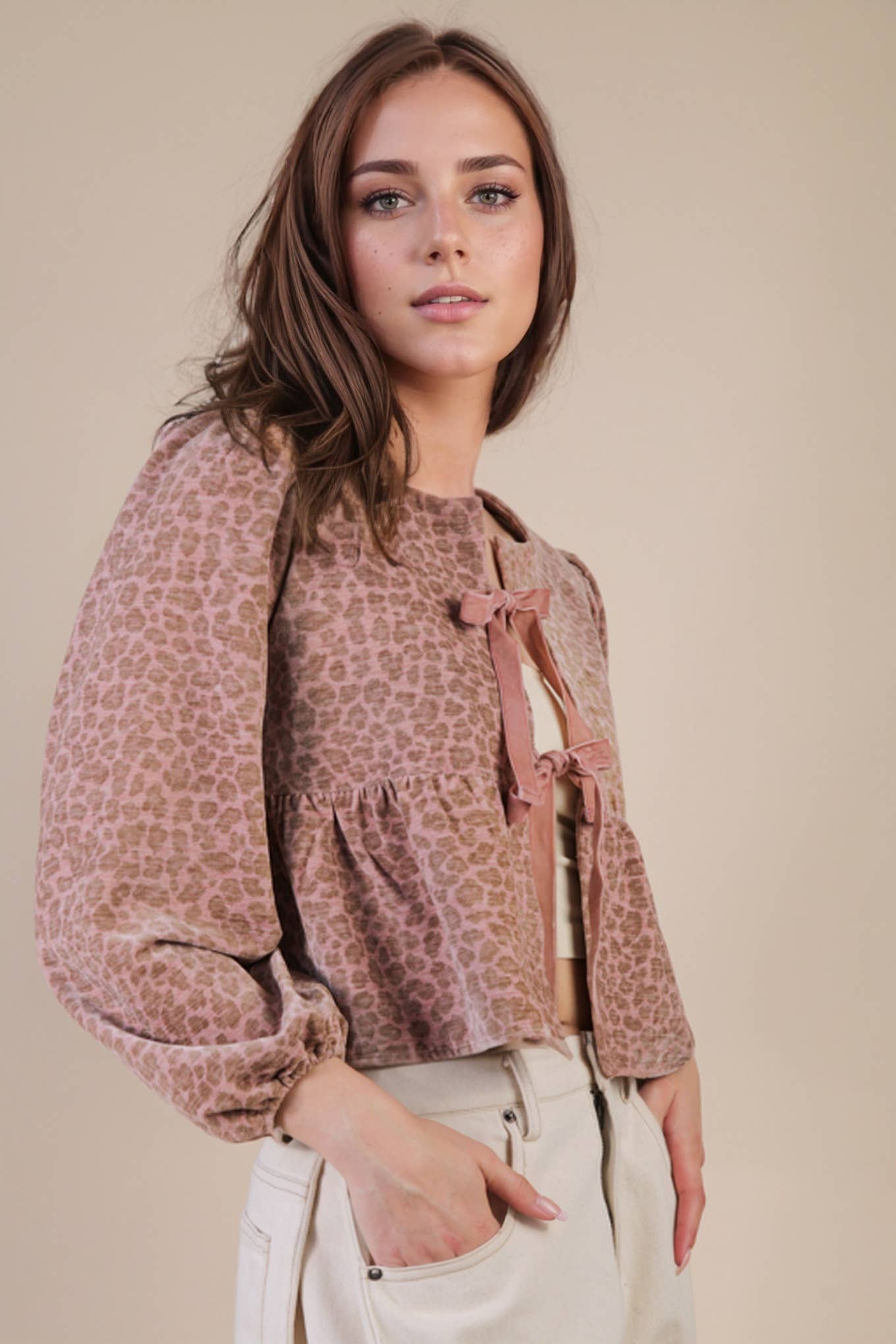 VERY J - Wholesale Blouse - Women's - NT12244-Leopard Printed Front Tie Woven Blouse Top8