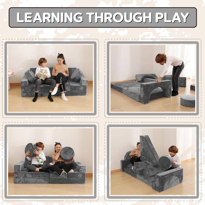 AllSett Health - Wholesale Toy Set - Kids - Contour Comfort Kids Couch, 14 PC Modular Kids Play Couch Set – Convertible Kids Sofa Couch with Soft Foam Sofa Cushions | Kids Fort Couch, Kid Couch Play Room Furniture, Grey