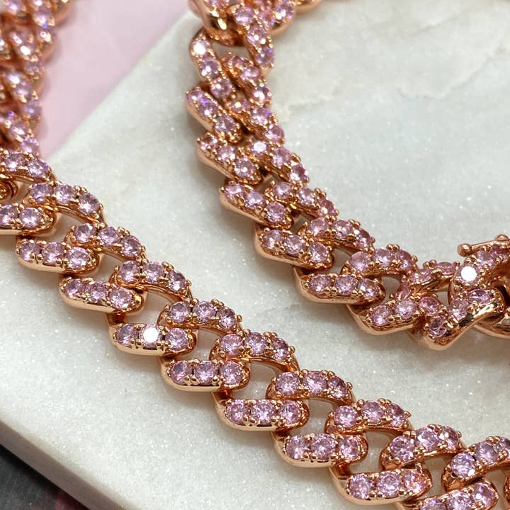 Luxus Accessories - Wholesale Jewelry Set - 14k Rose Gold Filled Cuban Link Iced Chain or Bracelet Set