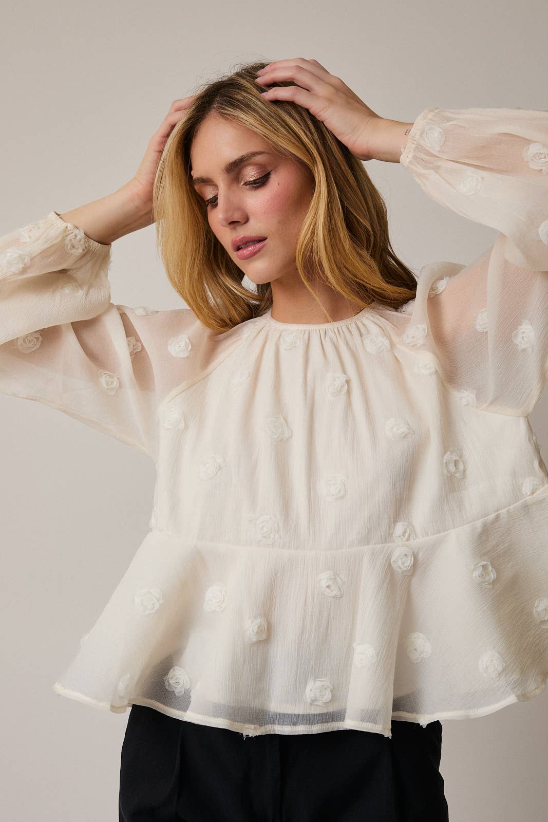 Sunday Edition - Wholesale Blouse - Women's - ROUND NECK LONG SLEEVE TIERED MESH BLOUSE13