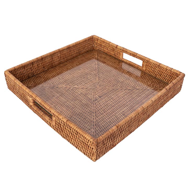 Artifacts Trading Company - Wholesale Serving Tray - Artifacts Rattanâ„¢ Square Serving Ottoman Tray Glass Insert