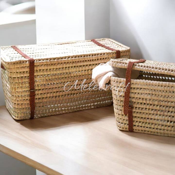 Melecraft – wholesale Basket – Leather-Handled Wicker Storage Basket, Artisan-Made2