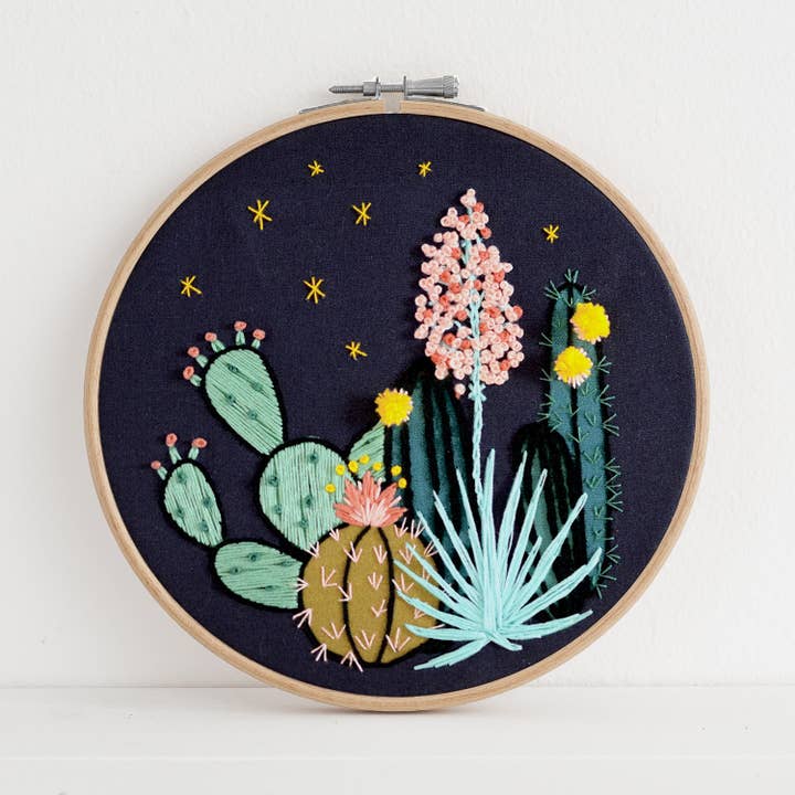 Antiquaria - Wholesale Embroidery/Cross Stitch Supplies - Night Cactus Premium Embroidery Kit, 6 inch