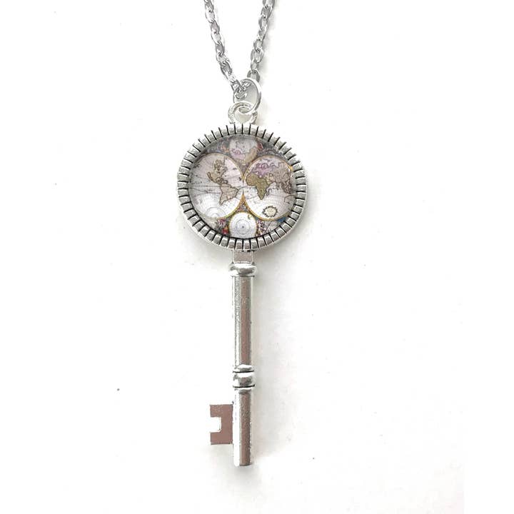 Vintage Globe Map Key Necklace for wholesale by Fern & Filigree