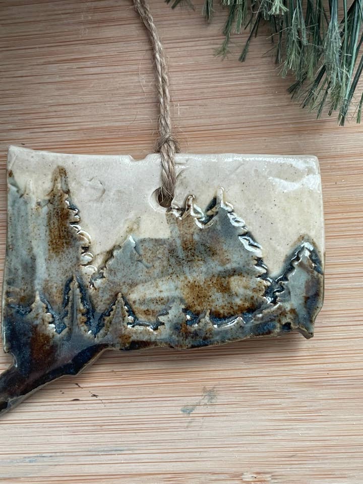 Rustic Connecticut with Trees Ceramic Ornament for wholesale by Flow Art Studios