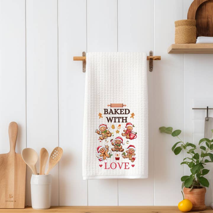 Torchon de cuisine gaufré "Cuit avec amour" – Pain d'épice dansant pour la vente par Uniquely Designed By Rebecca
