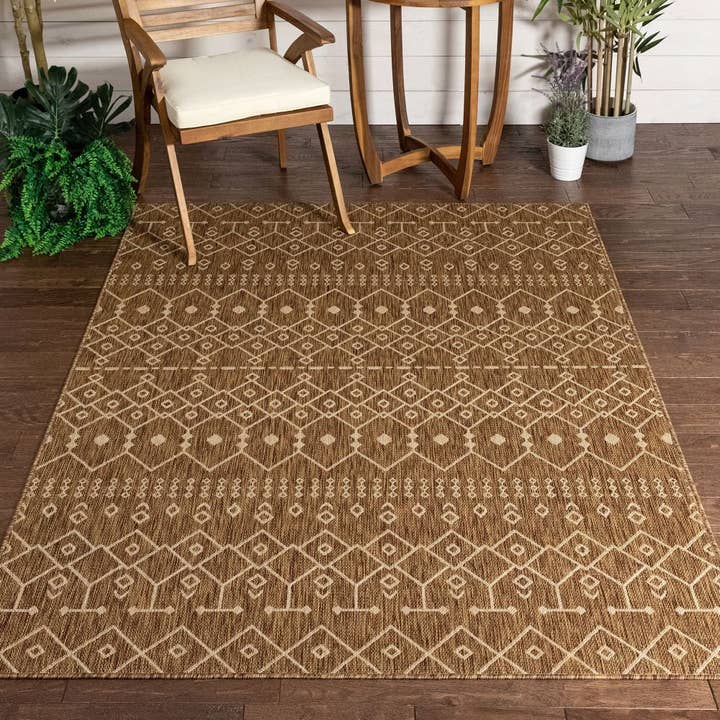 Tappeto Nord Moroccan Tribal per interni ed esterni a trama piatta marrone per la vendita all'ingrosso da parte di Well Woven