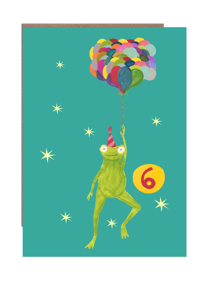 Age 6 'Party Frog' Children's Birthday Greetings Card for wholesale by Hutch Cassidy (Greetings Cards and Paper Goods)