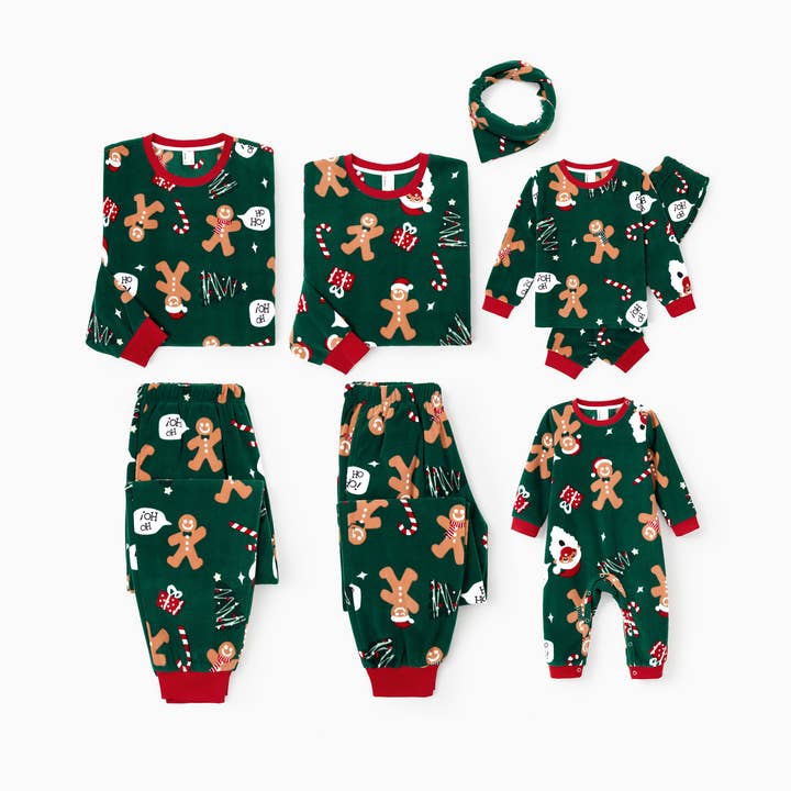 Dark Green Christmas Pajamas Family Fleece Gingerbread Man with Pockets for wholesale on Faire2