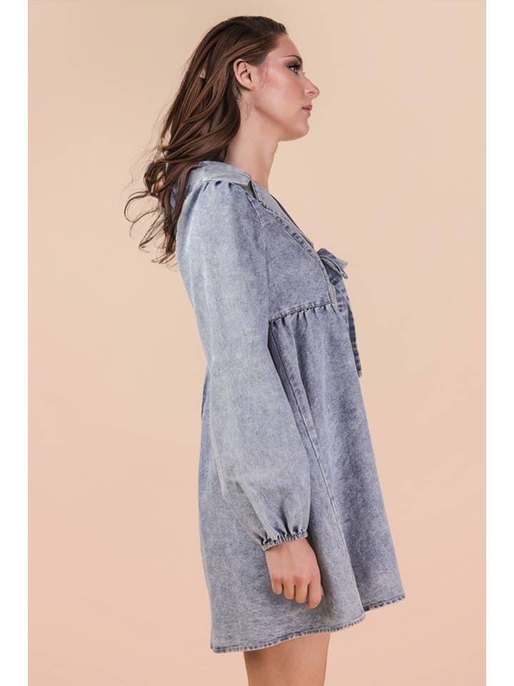 VERY J - Wholesale Dress - Women's - ND31904-Washed Chambray Collared Mini Dress8